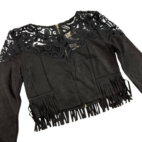 JOA Los Angeles Black Crochet Fringe Crop Jacket Boho Lace Long Sleeve Top XS - Picture 2 of 9